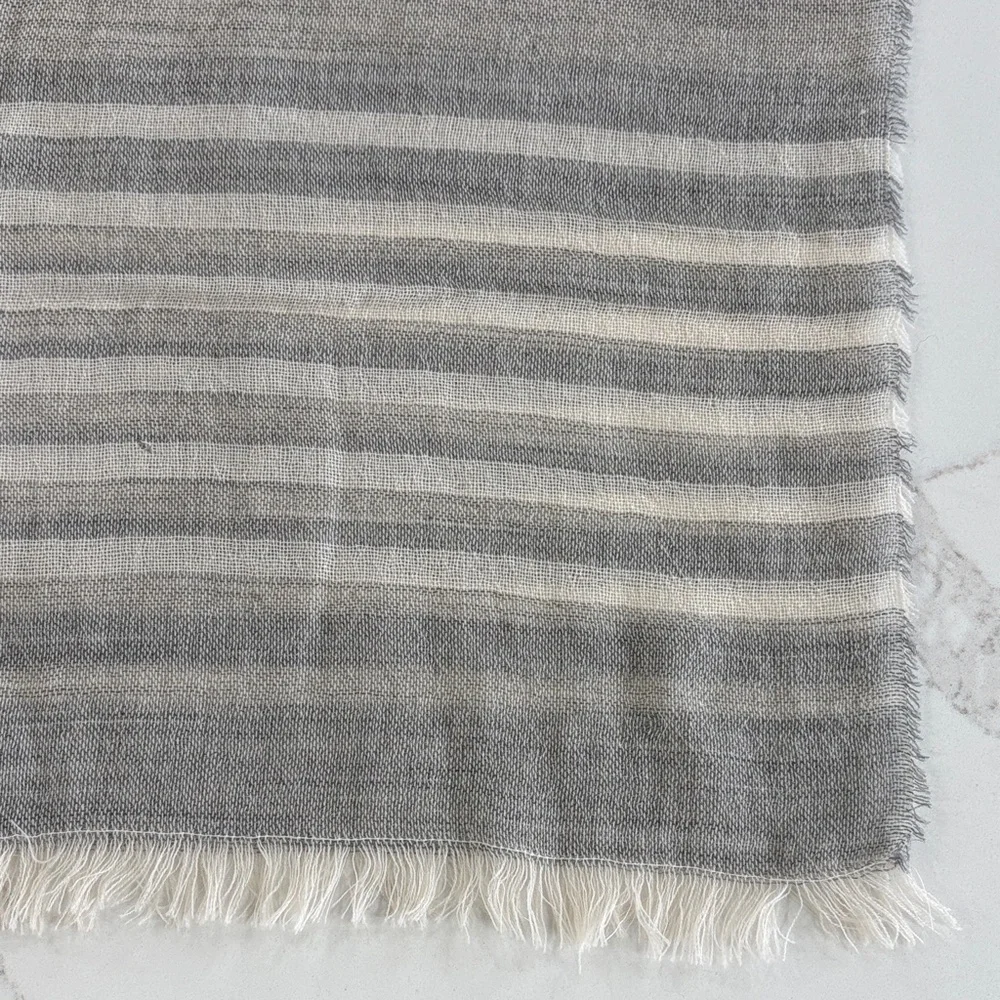 J. Crew Gray & White Striped Lightweight Woven Long Fringe Scarf